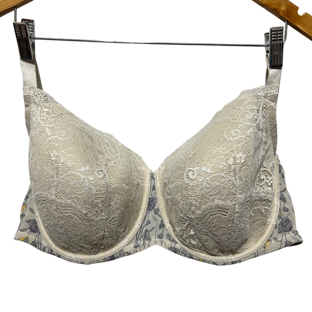 ThirdLove In Bloom Print Demi Bra 40F Cream Lace Floral Overlay Padded Underwire